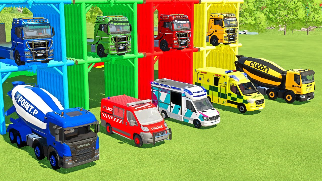 TRANSPORTING EXCAVATOR, MIXER TRUCK, BULLDOZER, POLICE CARS TO GARAGE WITH MAN TRUCK - FS22