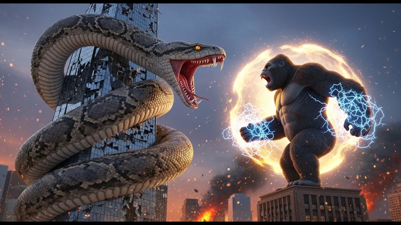 king kong fights to save the city from a giant python epic battle