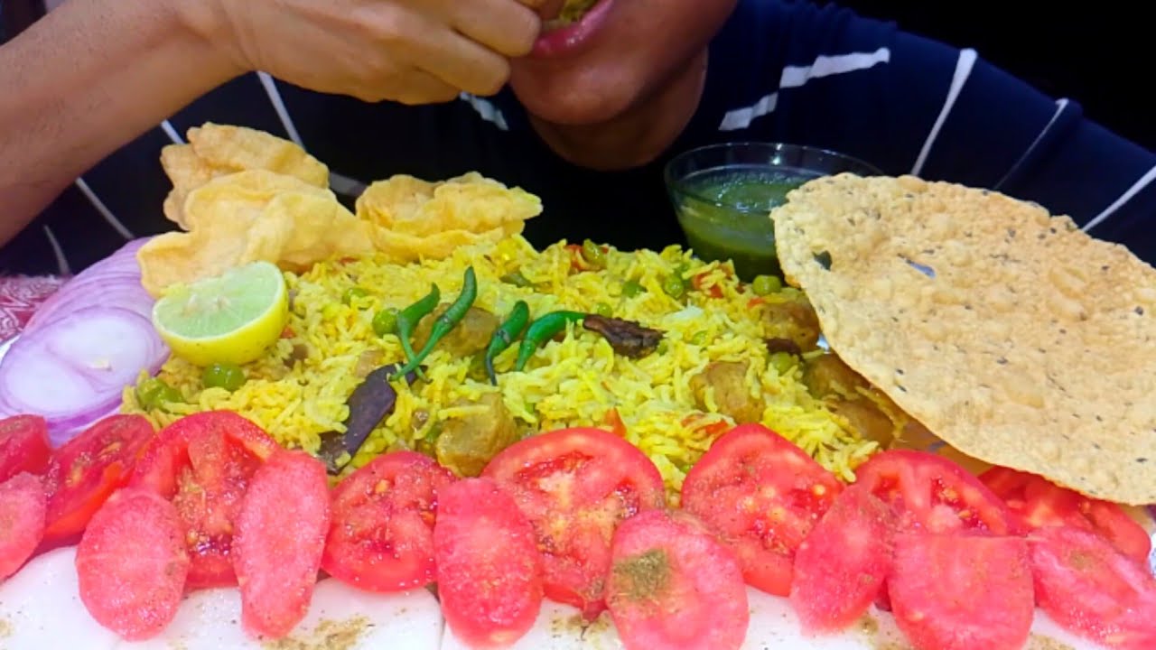 ASMR Eating | Yellow Rice, Papad, Mint Chutney, Salad 😋 Eating | Eating food 😋🤤