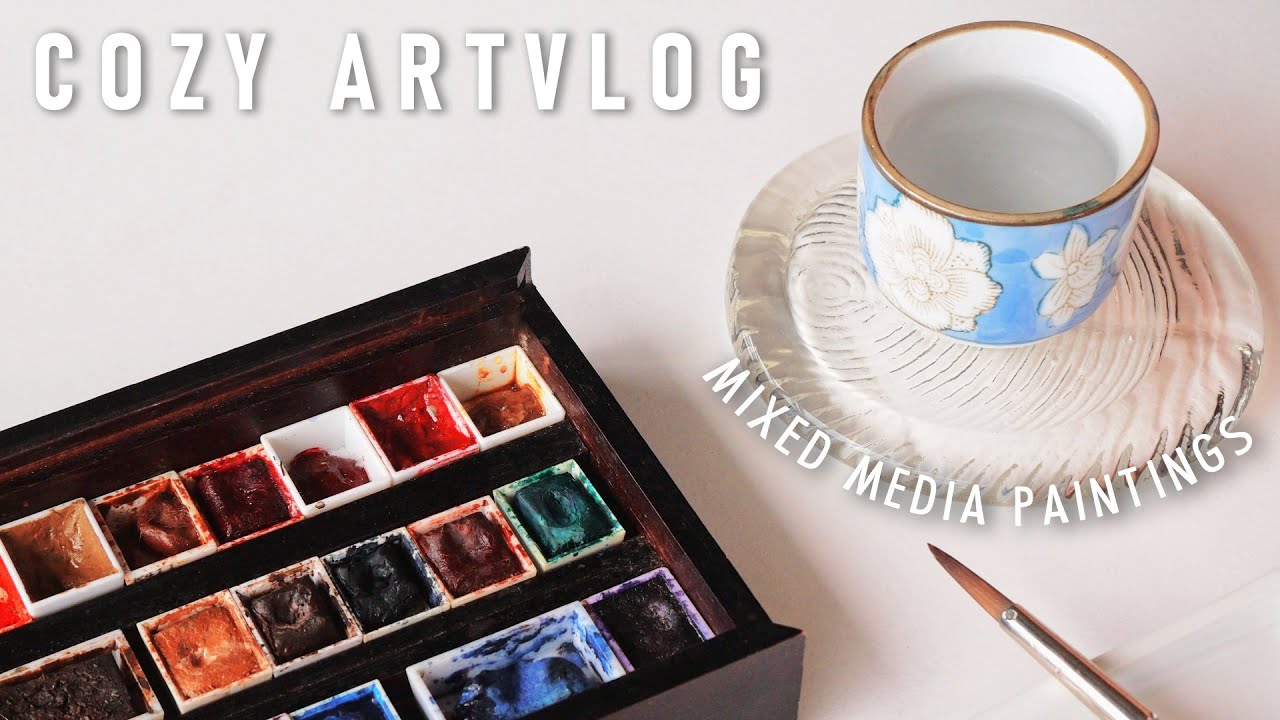 a calming winter art vlog ✦ mixed media paintings, shipping my art zine, oil pastel sketches