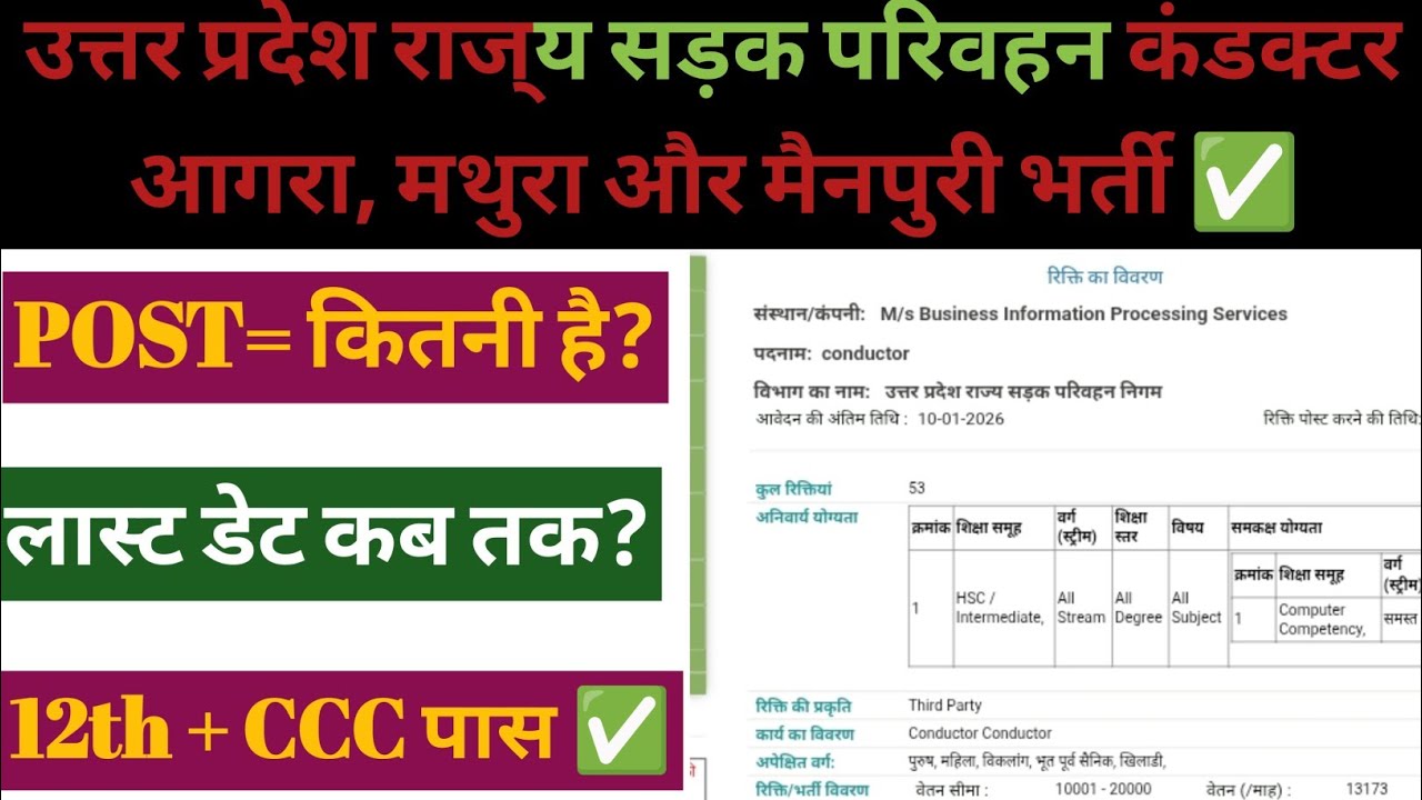 यूपी रोडवेज कंडक्टर नई भर्ती 2026 जारी ✅ | Up Roadways Conductor आगरा, मथुरा, अलीगढ Vacancy Out 2026