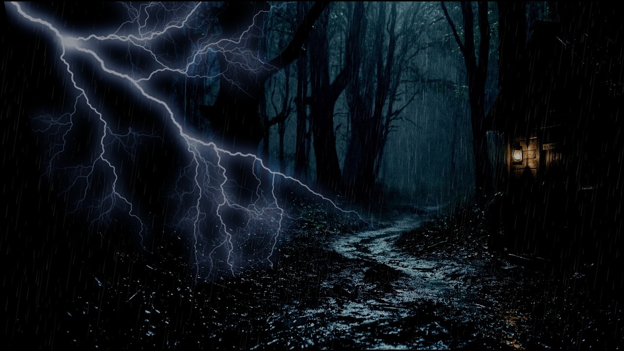 Relax for a moment and listen to 5 minutes of thunderstorm sounds at night in a mysterious forest.