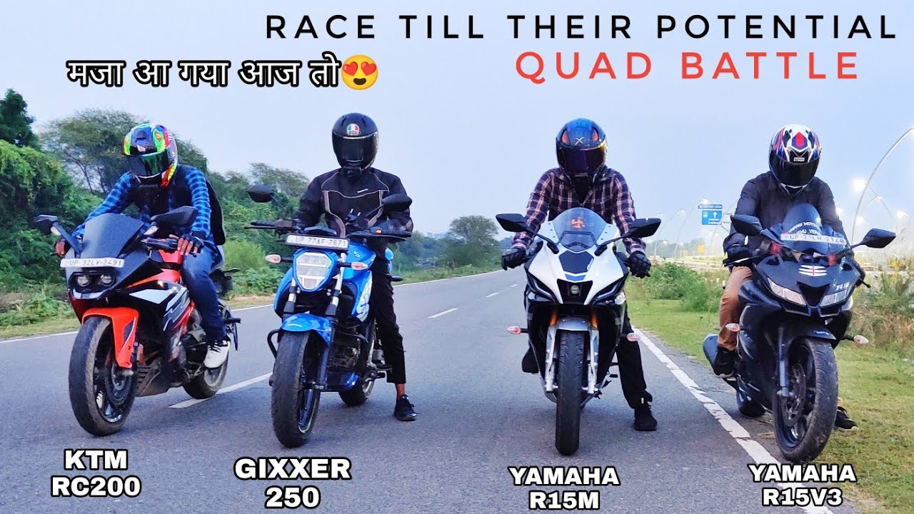 Yamaha R15M Vs Suzuki Gixxer 250 Vs Ktm RC200 Vs R15V3 | Long Race | Quad Battle