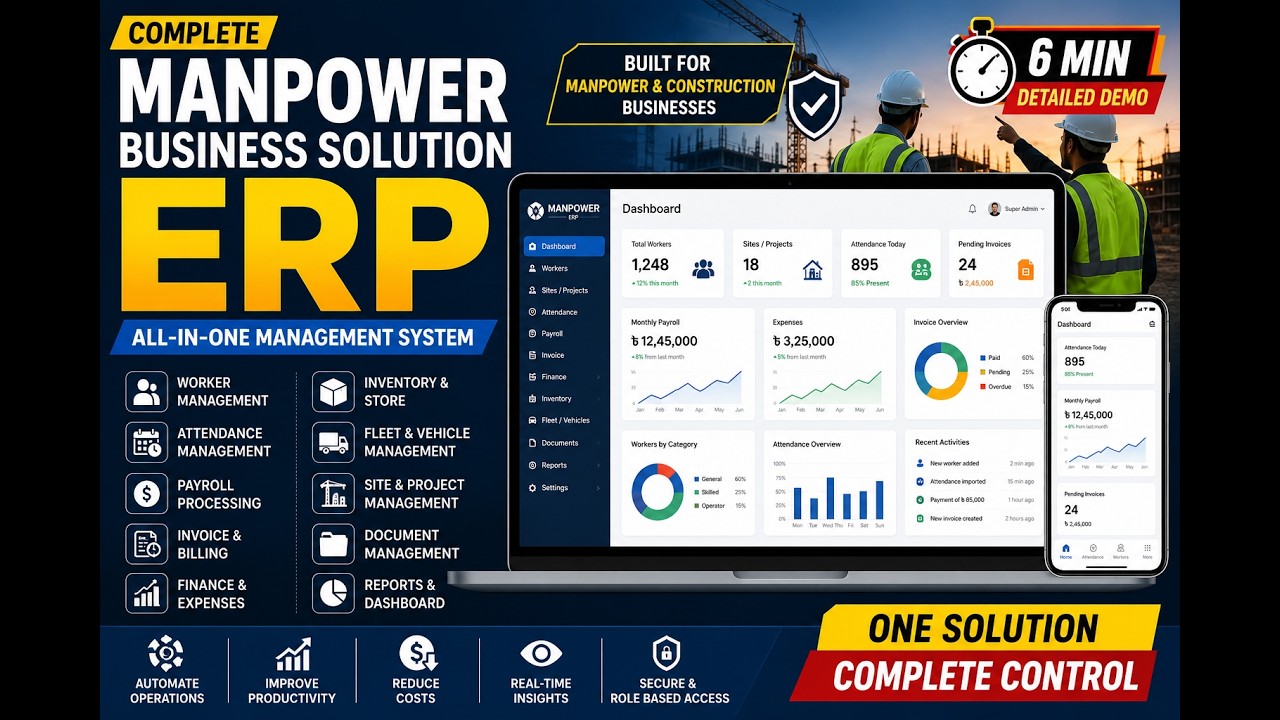Complete Manpower Business Solution ERP Demo | Payroll, Attendance, Finance, Inventory & More