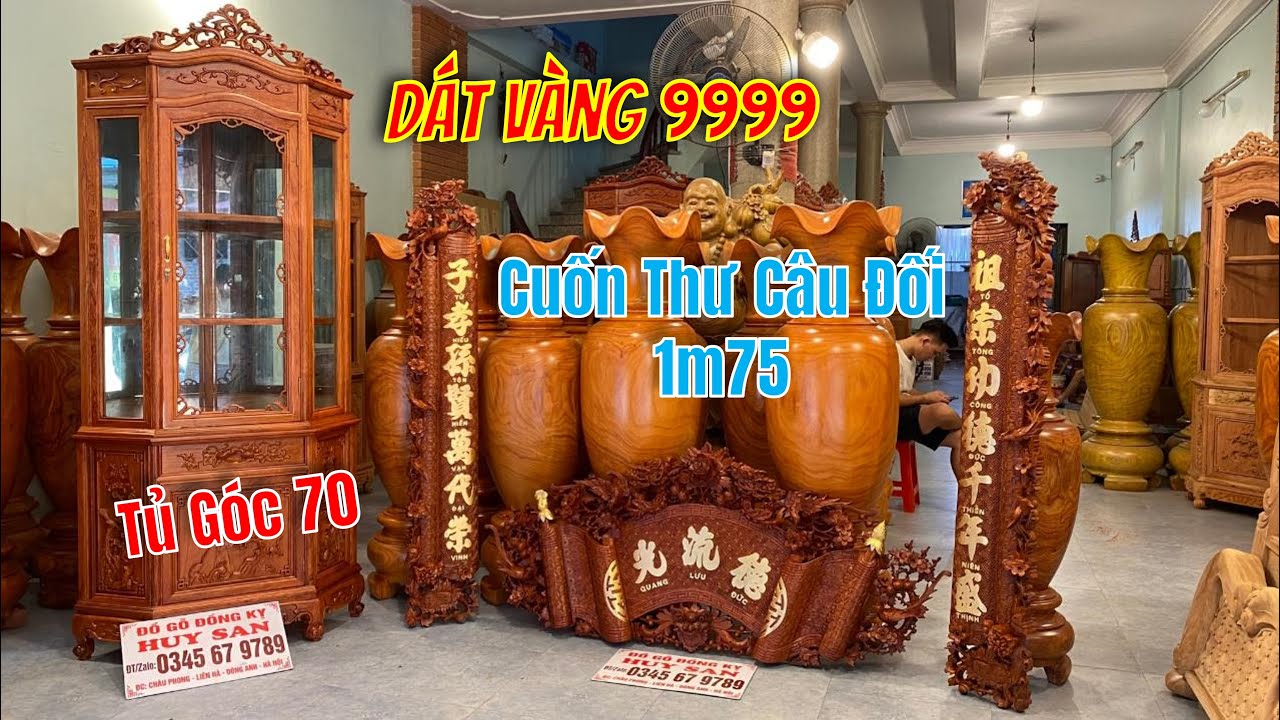 Cuốn Thư Câu Đối Dát Vàng Ta và Chiếc Tủ Góc 70 Đục Tay gỗ Hương Đá