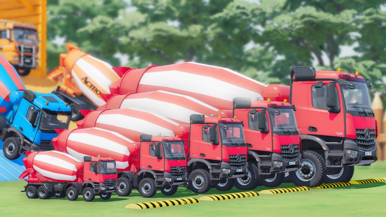 Mixer Trucks of Colors! SCANIA, JCB, MCQUEEN WITH DOUBLE FLATBED TRAILER TRUCK TO GARAGE, FS22 #A144