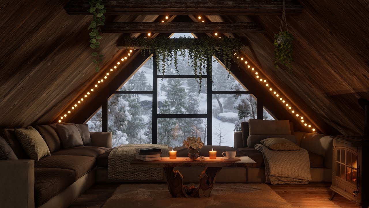 Cozy Attic Ambience 🌙 Fall Asleep To Winter Wind & Crackling Fire Sounds In Your Cozy Attic Hideout