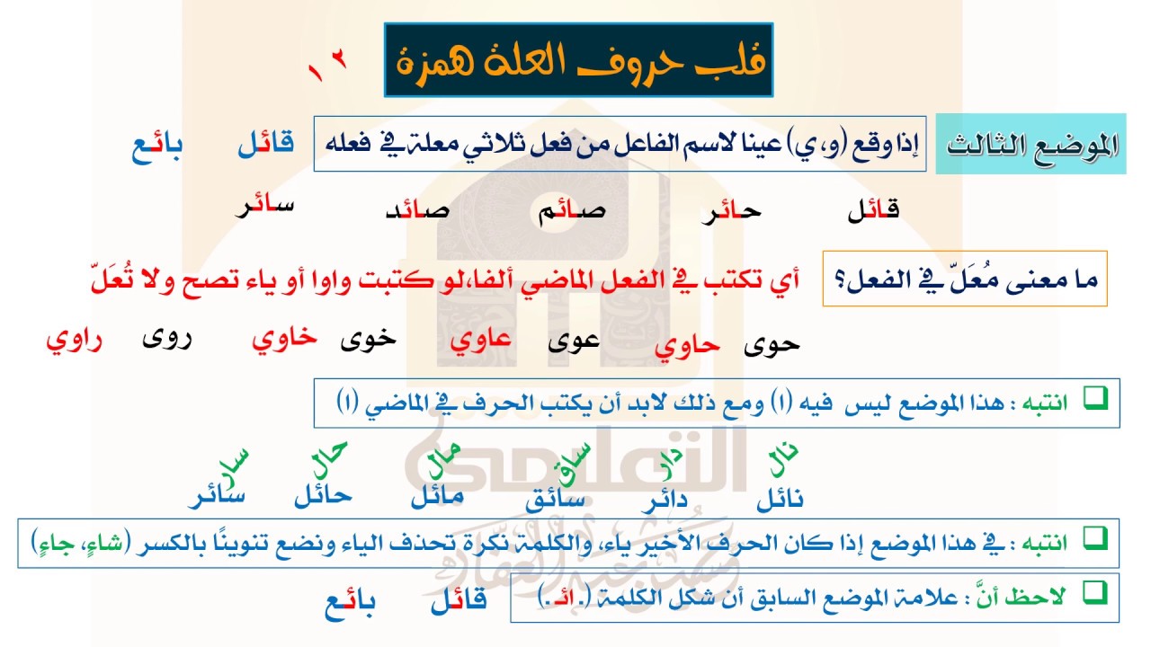 3- قلب حروف العلة همزة - الموضع الثالث والرابع والخامس - صرف- الثانوية الأزهرية