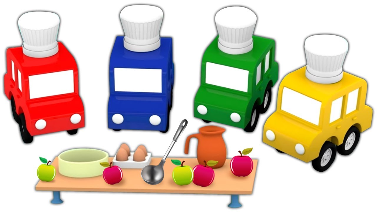 4 voitures color&eacute;es sont cuisiniers. Dessin anim&eacute; &eacute;ducatif pour les petits
