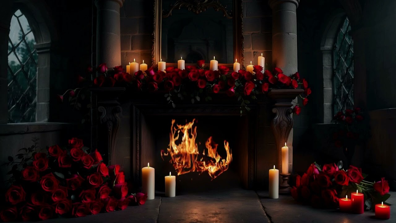 🌹Cozy Romantic Fireplace Ambience 🔥 Crackling Fire, Rain & Thunder Sounds for Relaxing Retreat