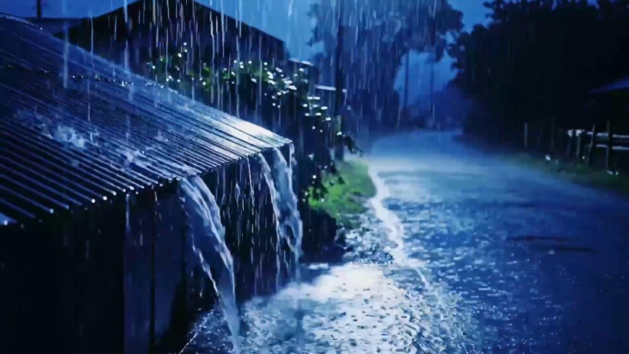 Soothing Midnight ASMR of Heavy Rain Echoing Gently Across Peaceful Rural Landscapes 0156