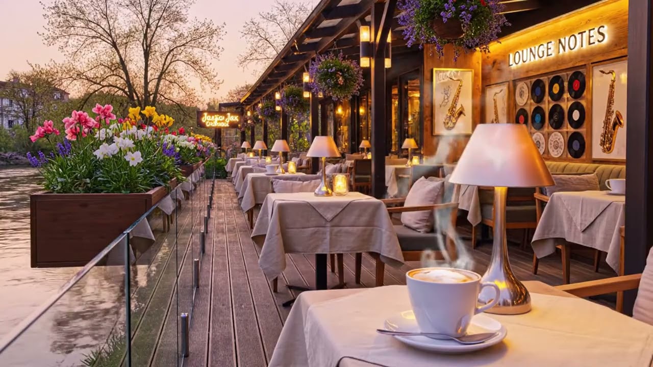Riverside Spring Jazz ☕🌿 4K Cafe Ambience Perfect Piano Music for Work Study & Sleep