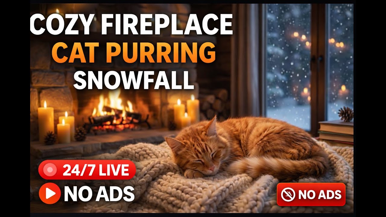 Cozy Fireplace 🔥 &  🐱Cat Purring Sounds    Deep Sleep, Relax & Stress Relief