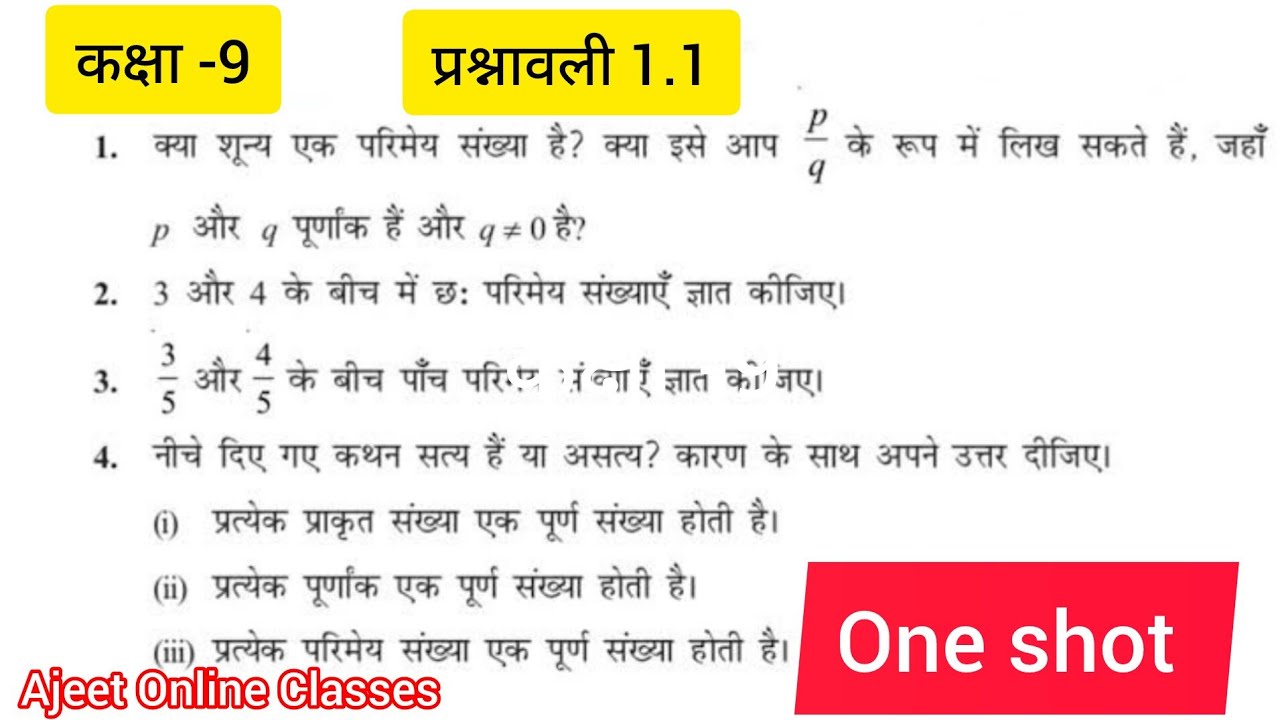 कक्षा 9 गणित प्रश्नावली 1.1 संख्या पद्धति इन हिन्दी | class 9th maths exercise 1.1 in hindi