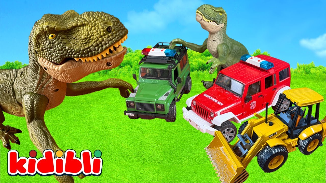 T-Rex Dinosaure Attaque Pelleteuse 🦖 Camion & Police Sauvent les Jouets pour Enfants | Kidibli