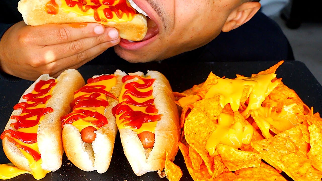 ASMR CHEESY HOT DOGS DORITOS NACHO CHEESE CHIPS WITH CHEESE SAUCE EATING SHOW BIG BITES MOUTH SOUNDS