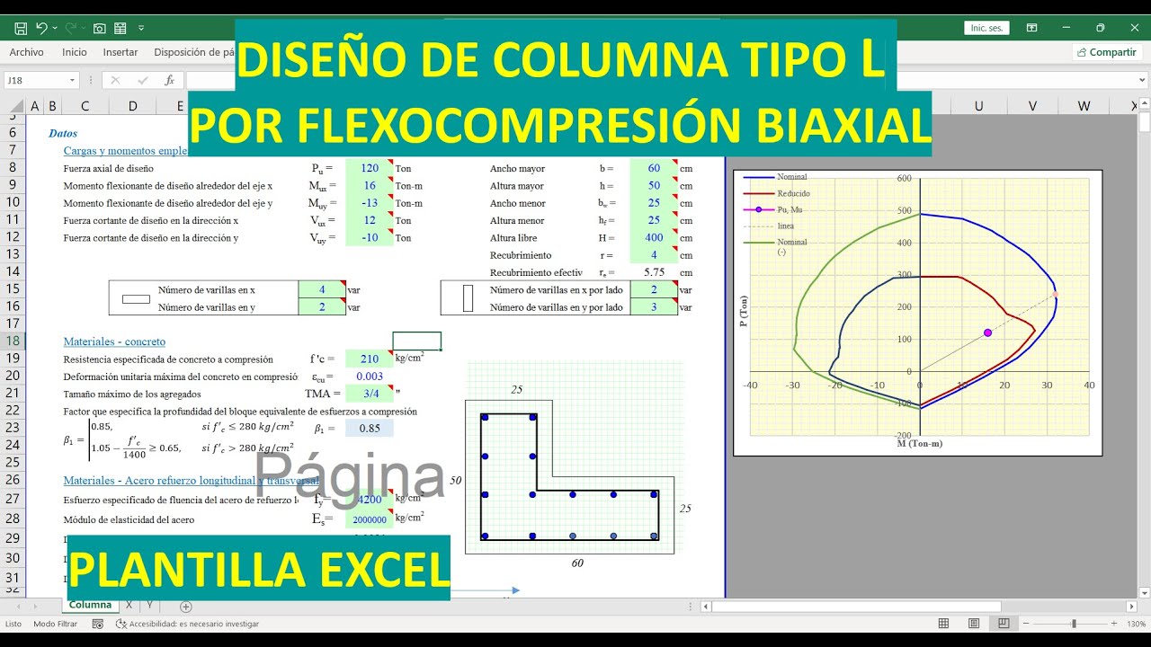 DISEÑO DE COLUMNA TIPO L BIAXIAL - DIAGRAMA DE INTERACCIÓN (plantilla excel profesional)