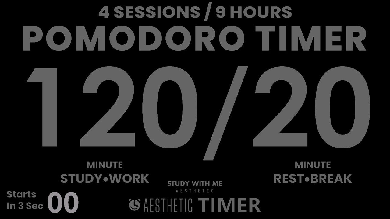 DARK Mode, Pomodoro 120/20 Study Timer, No Music, 4 Sets, 120 Minute Study Timer, Gentle Alarm