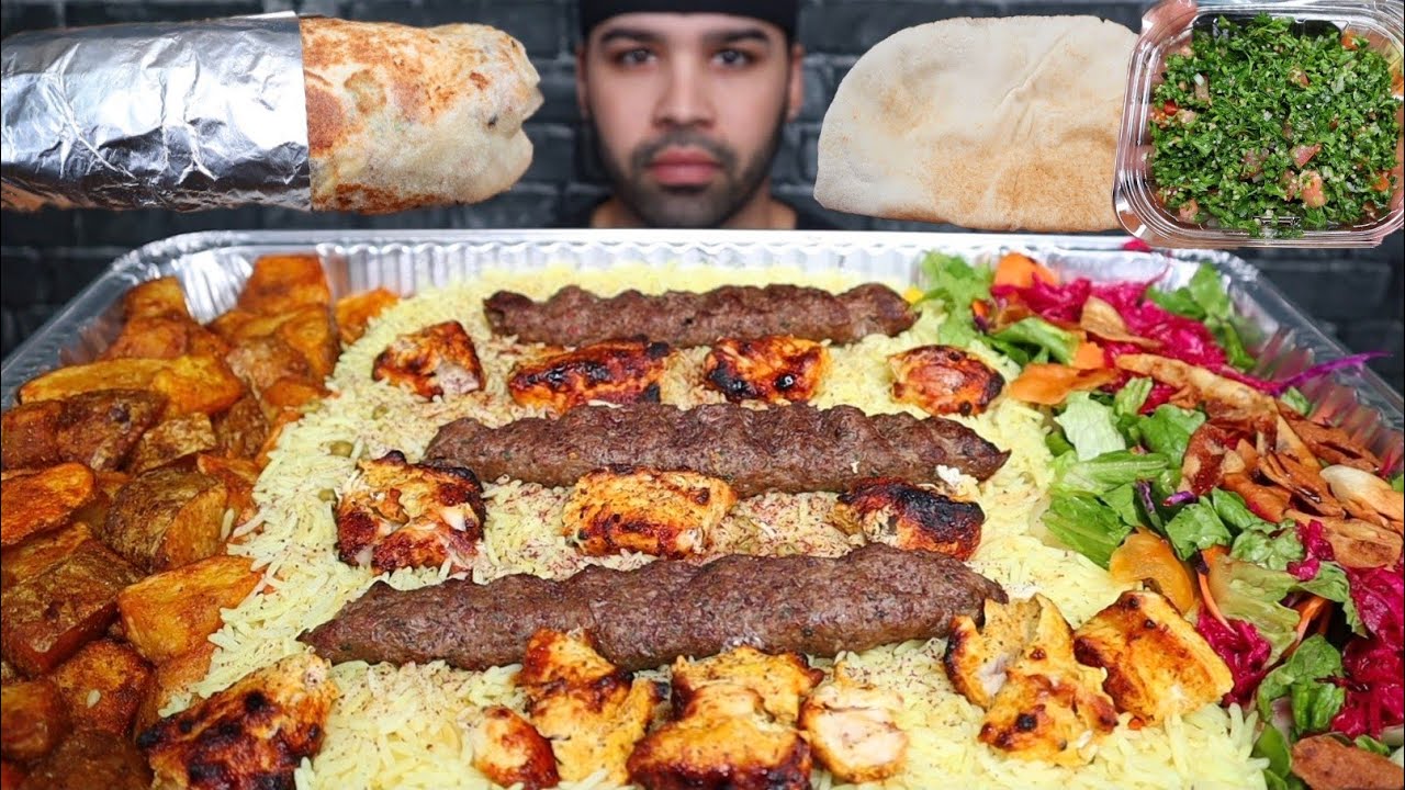 ASMR BEEF KABOB, CHICKEN SKEWERS, GARLIC POTATOES, RICE, HUMMUS, TABOULEH SALAD, AND SHAWARMA WRAP