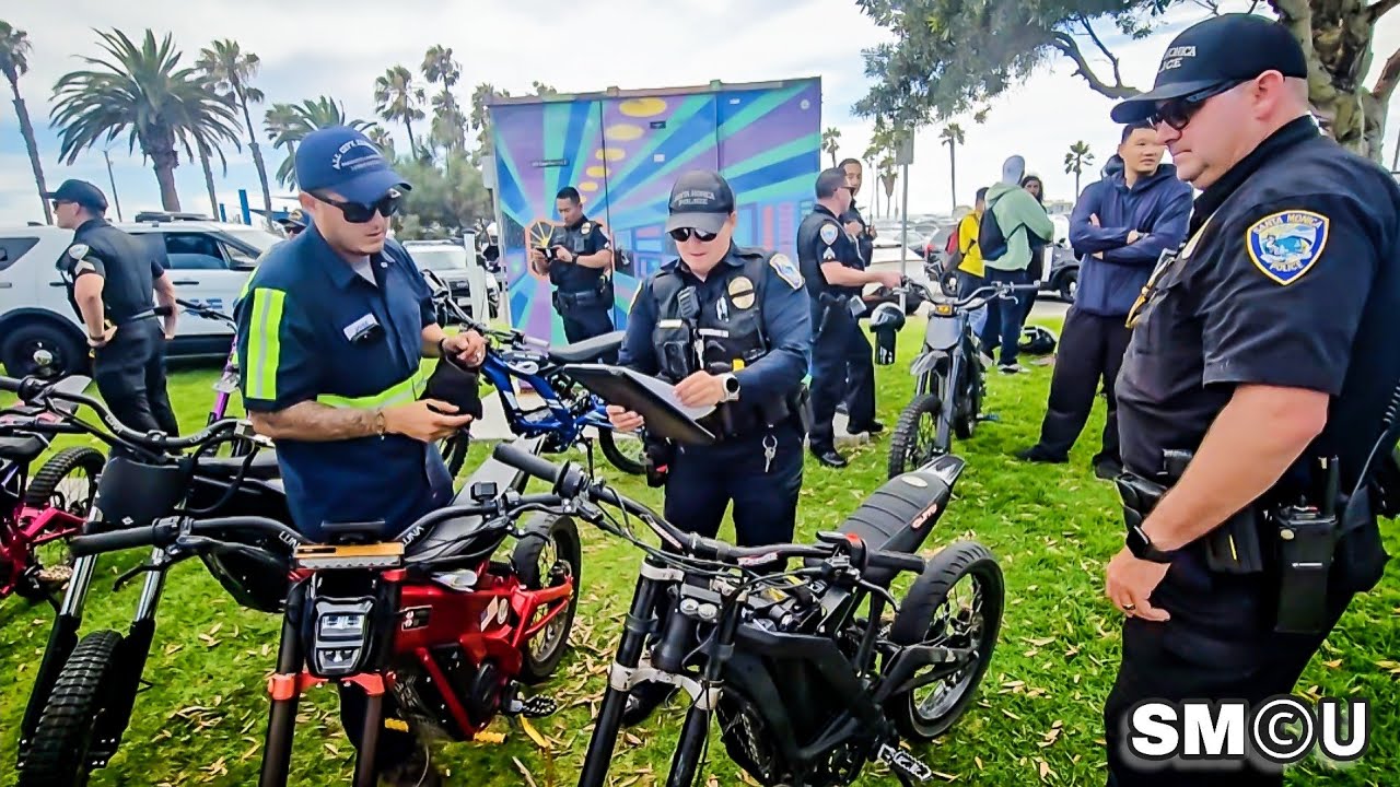 𝗘‑𝗕𝗜𝗞𝗘 𝗖𝗥𝗔𝗖𝗞𝗗𝗢𝗪𝗡: Santa Monica Police Impound 12 Sur-Ron–Style Bikes at Beach Charging Station