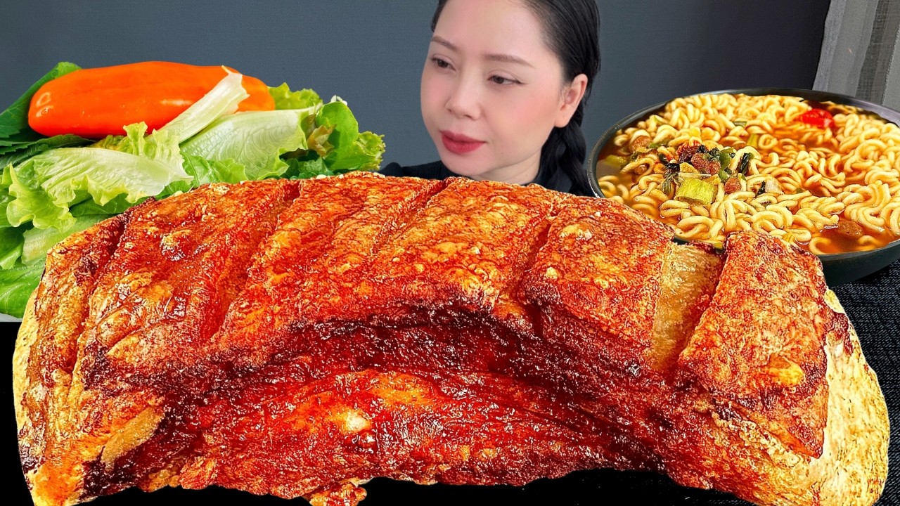 ASMR MUKBANG CRISPY PORK BELLY, RAMEN NOODLES | COOKING & EATING SOUNDS