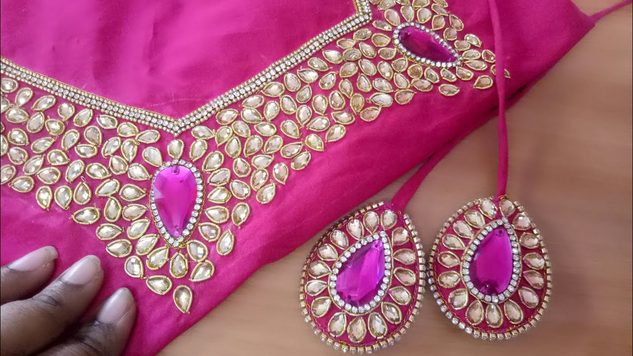 Home made simple latkans (Hangings) for blouse/ kundan zardosi work blouse back neck view