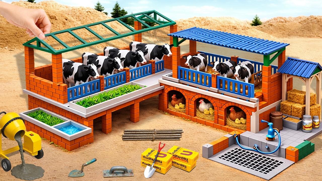 DIY Mini Tractor builds a strong two-storey cattle barn with bricks and cement after a fire