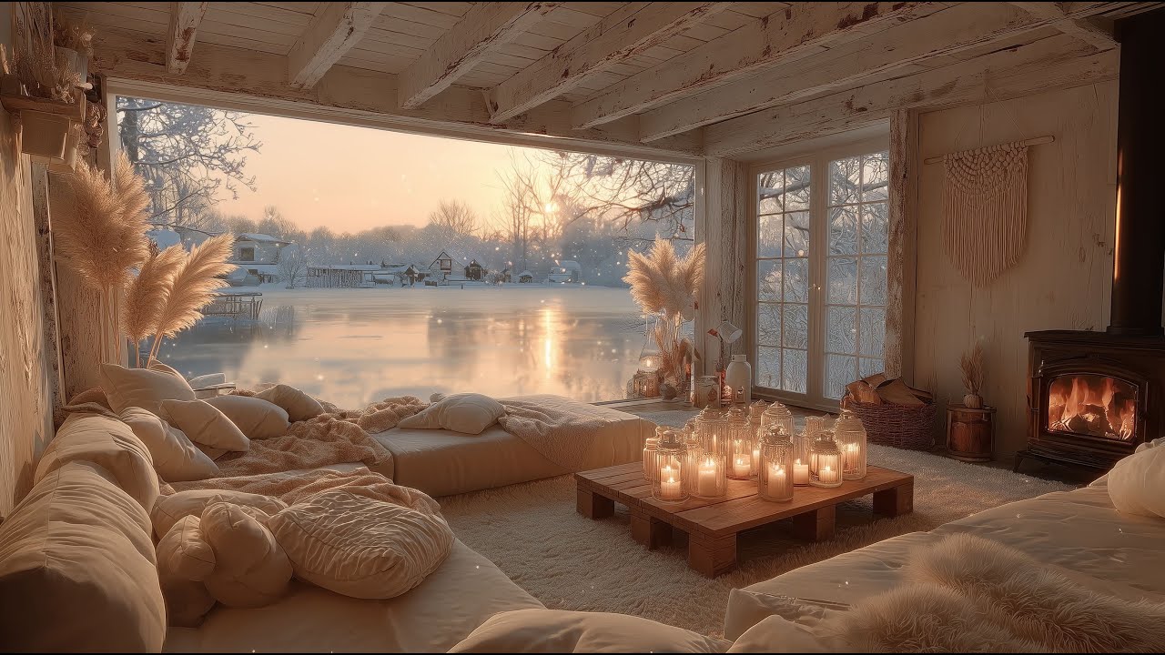 Peaceful Winter Cabin by the Lake ❄️Soft Piano Music & Crackling Fireplace Ambience for Calm & Focus
