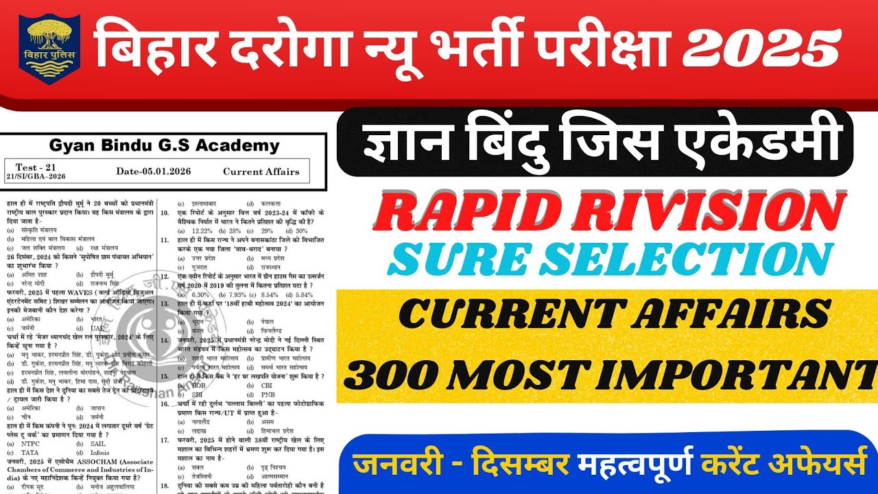 Bihar SI current affairs//बिहार दरोगा//by gyaan bindu 