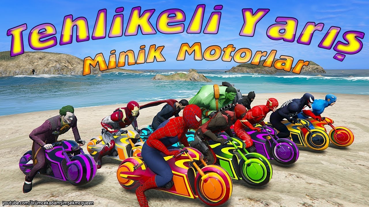 Tehlikeli Yarış Minik Motorlar Örümcek Çocuk Örümcek Adam ve Süper Kahramanlar Yarışıyor
