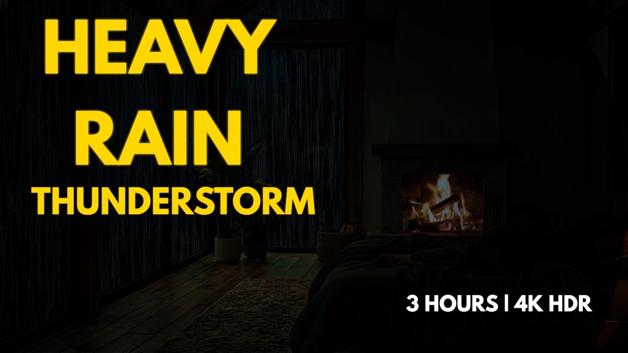 Heavy Rain and Thunderstorm Sounds in Cozy Bedroom - 3 Hours of Sleep, Study, Relaxing - 4K HDR