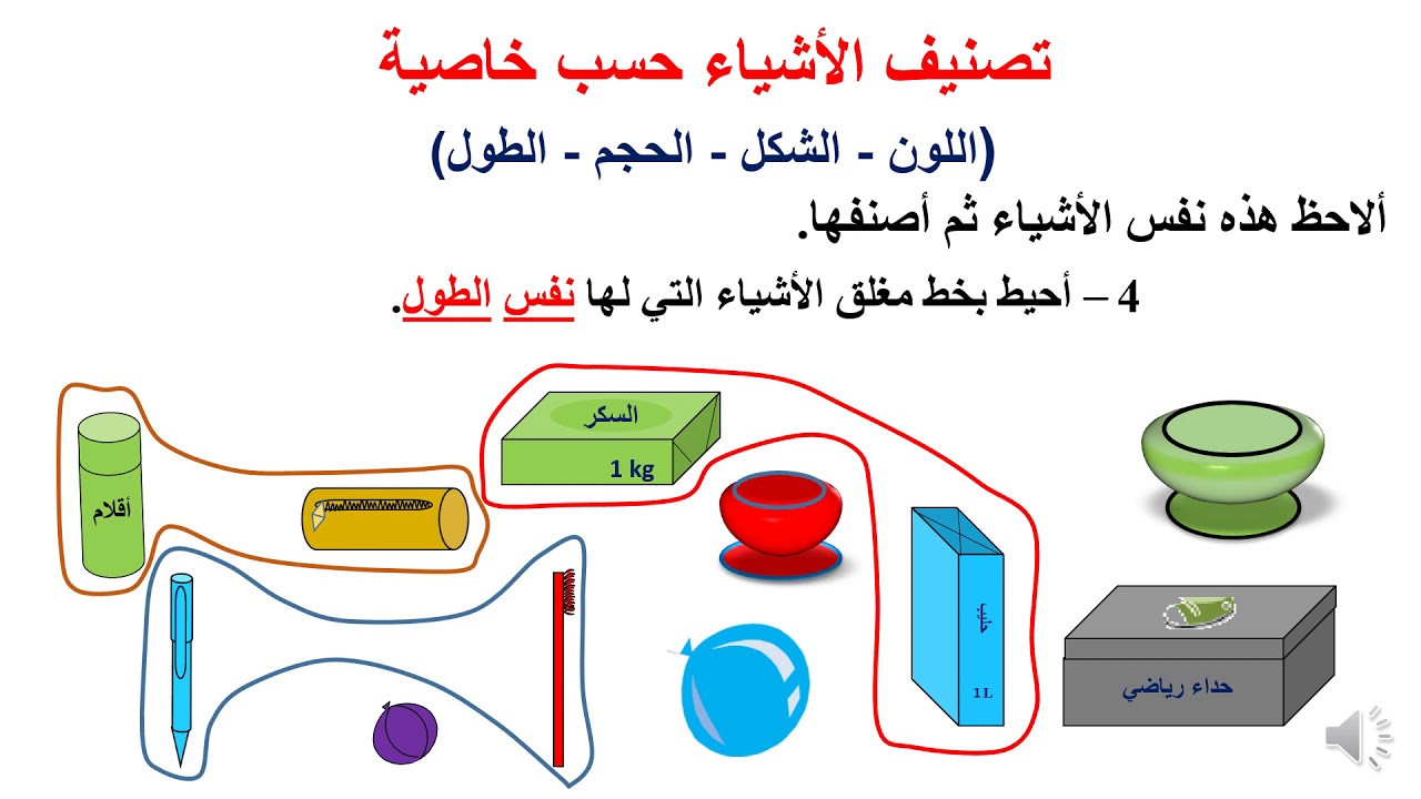 تصنيف الأشياء حسب خاصية اللون - الشكل - الحجم - الطول المستوى الأول