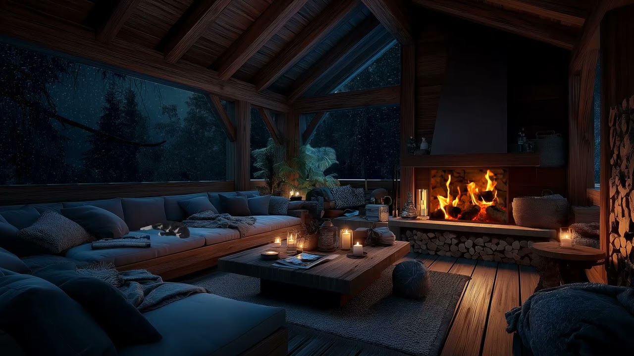 🌧️ Peaceful Loft Bedroom | Rain & Crackling Fireplace Night Sounds