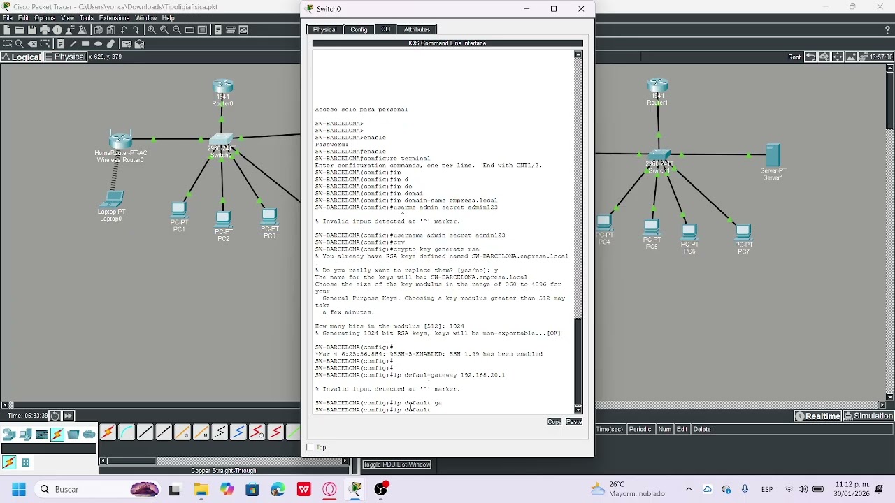 Funciones de Routers y Switch a una tipologiafisica hecha en Cisco