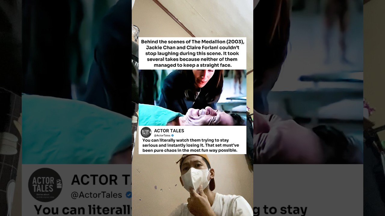 Behind the scenes of The Medallion (2003), Jackie Chan and Claire Forlani couldn’t stop laughing