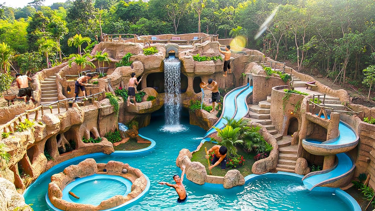 300 Days Building a Hand-Carved Clay Water Park with a Slide System Using Primitive Tools