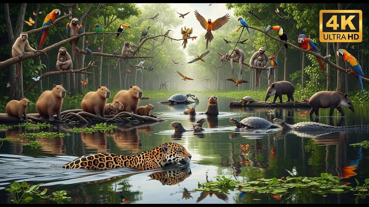 Relaxing Walk in the Amazon 🌿 The Mirror Forest | Swimming Jaguar & Rare Wildlife 4K ASMR