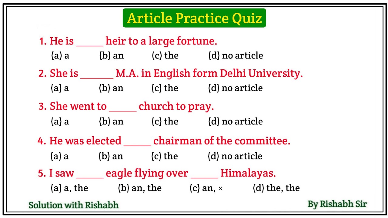 Articles A An The questions | Articles A An The in English Grammar | Articles Practice Set Exercises
