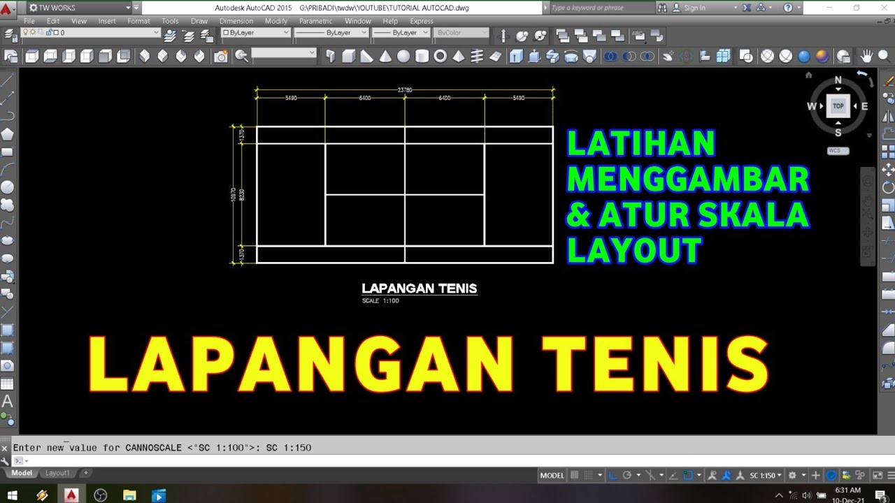 Gambar lapangan tenis di autocad | setting skala Layout