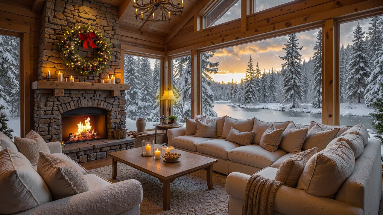 Tranquil Lakeside Cabin on a Snowy Day ❄ Soothing Piano Music, Fireplace Ambient for Relaxation