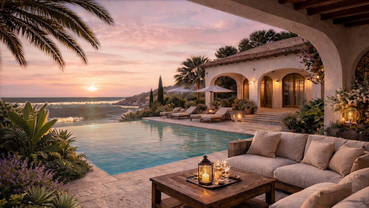 Mediterranean Luxury Villa 🌊 Soft Ocean Waves & Gentle Guitar Music | Relaxing Holiday Ambience