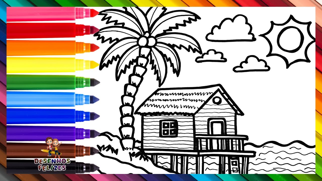 Desenhar e Colorir uma Paisagem de Praia 🌴🏠🌅🌊🌈 Desenhos para Crianças