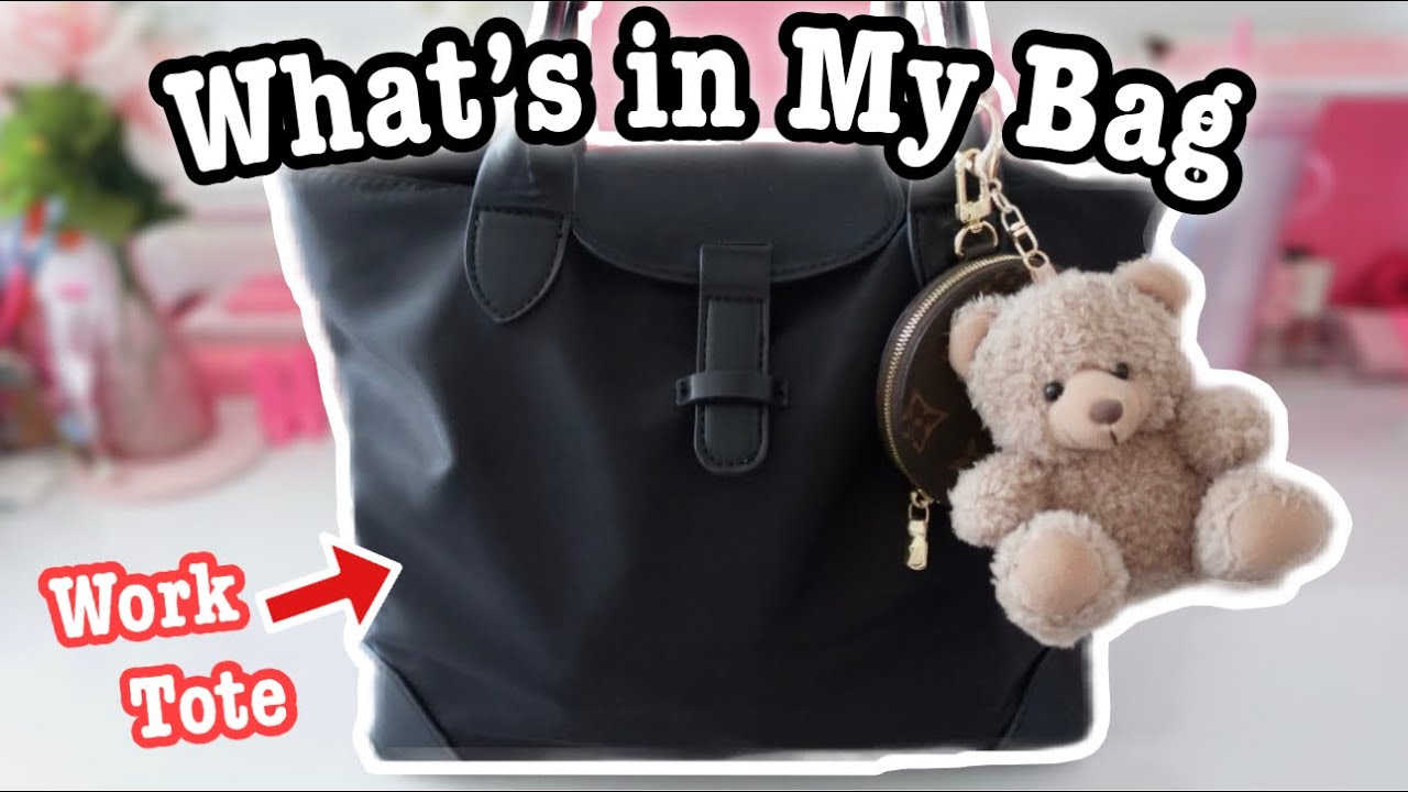 WHAT’S IN MY WORK BAG 🧸🤎 | Black Nylon Tote from SHEIN 😊👌🏼🖤 My Current Work Essentials ✨📱⌨️📒📎