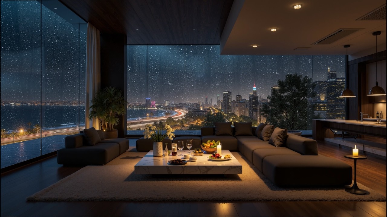 Luxury Ocean View Apartment in Miami 🌧️ Rainy Night Ambience with Relaxing Jazz Music for Deep Slee