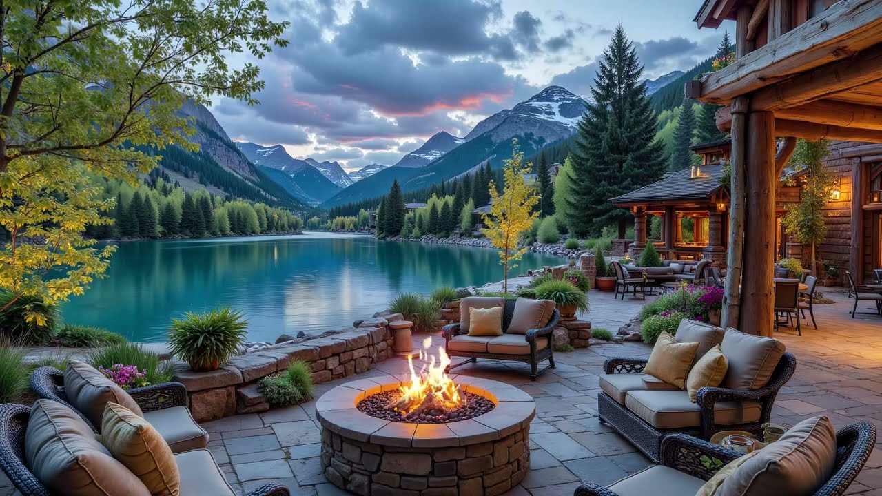 Relaxing Lakeside Cabin Ambience 🌲 Birds Chirping & Crackling Fire,  Smooth Piano Background Music