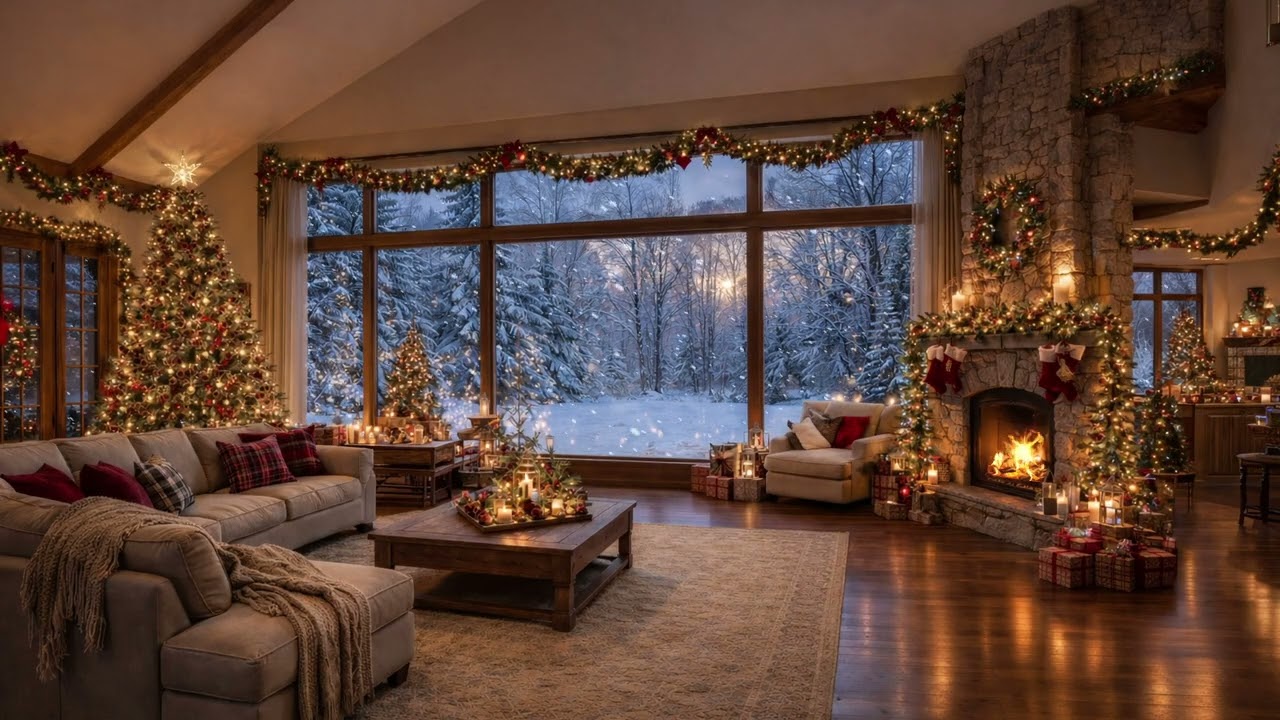 Cozy Christmas Fireplace Ambience | Soft Piano + Crackling Fire (ASMR) | Snowy Winter Night