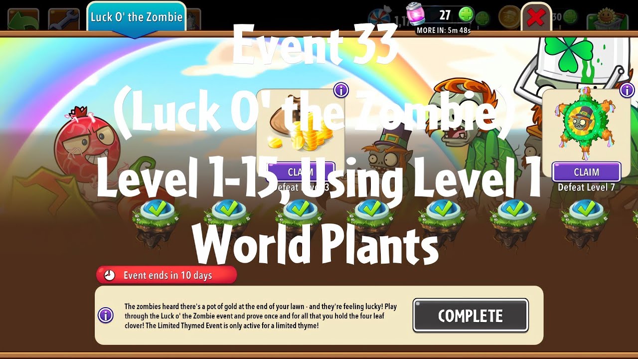 PvZ2 Thymed Event (Luck O' the Zombie)(Event 33)(10 Days), Level 1-15, Level 1 Plants - Gameplay