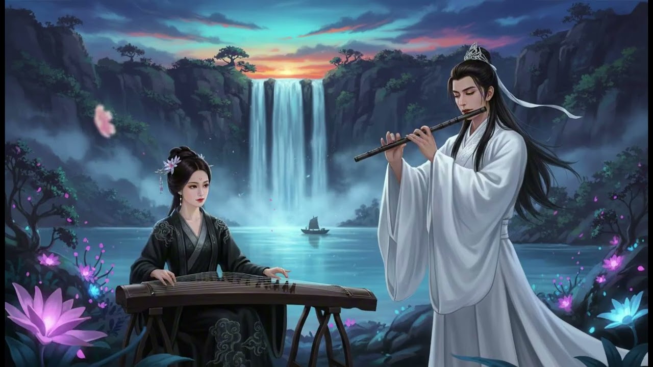 放鬆古風音樂｜古箏與竹笛合奏・瀑布自然美景 Relaxing Chinese Instrumental Music | Guzheng & Bamboo Flute by the Waterfall