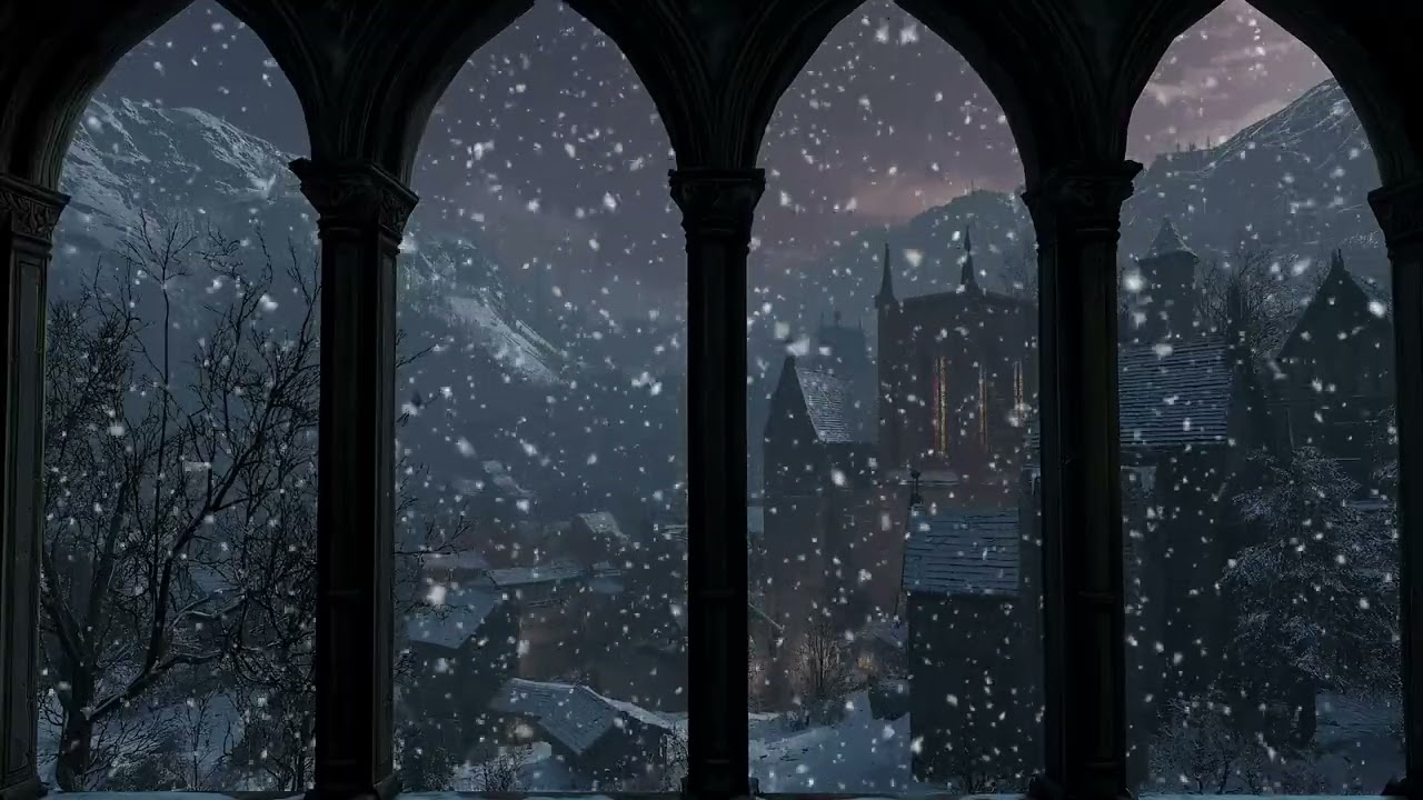 (No Ads) Medieval Village in a Winter Night Snowstorm – Window View