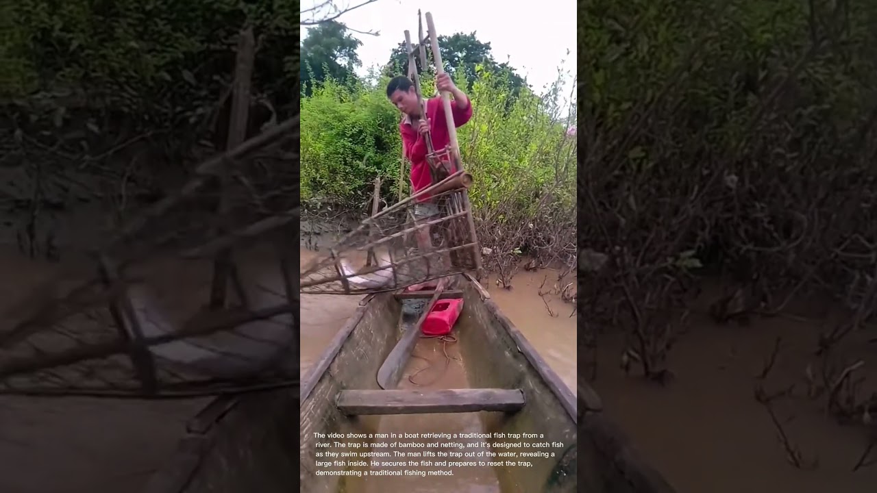 Traditional Fish Trap Catch: Man Retrieves Large Fish from River